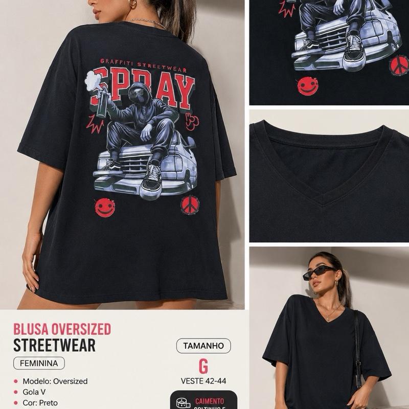 Blusa Oversized Streetwear Feminina Modelo Oversized Gola V Cor Preto