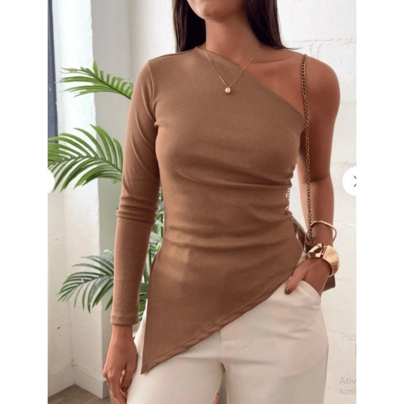 Blusa Manga Longa Assimétrica Canelada Basic 2025 Jovial e
