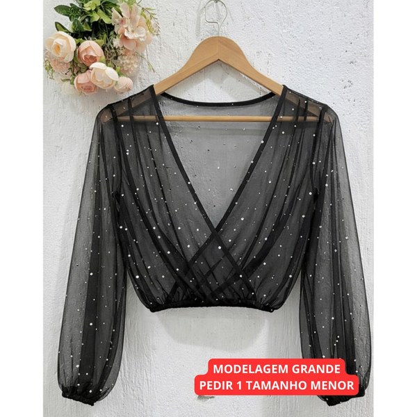 Blusa Virginia Elegante Transpassada Feminina Manga Longa Cropped Detalhe Franzido Tendência