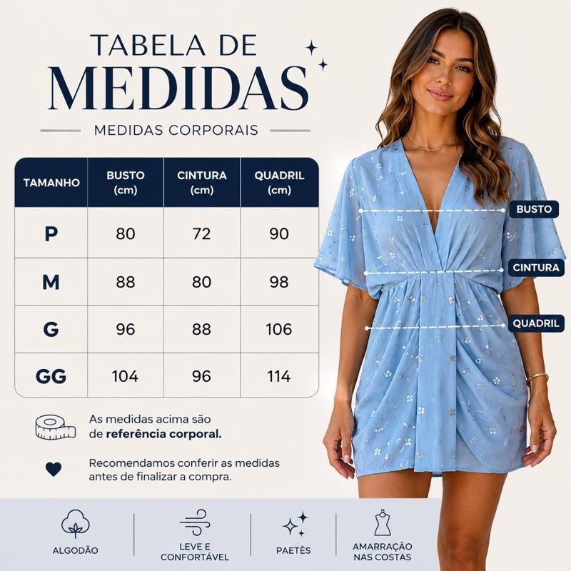 Vestido Feminino Curto com Paetês Manga Ampla Decote V Casual