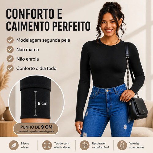 Body Feminino Manga Longa Gola Careca Liso Modelador Collant