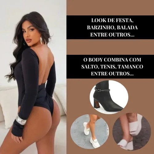 Body Feminino Modelador Manga Longa Costa Nua Moda Premium