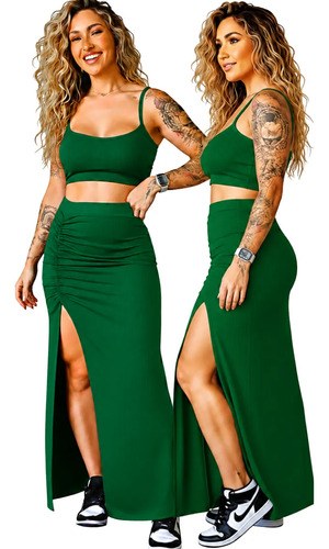 Conjunto Feminino Cropped Saia Longa Fenda Lateral Elegante