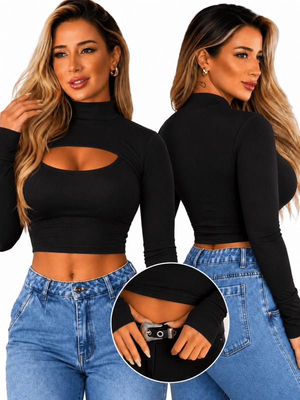 Cropped Feminino Manga Longa Abertura Frontal Suplex Premium