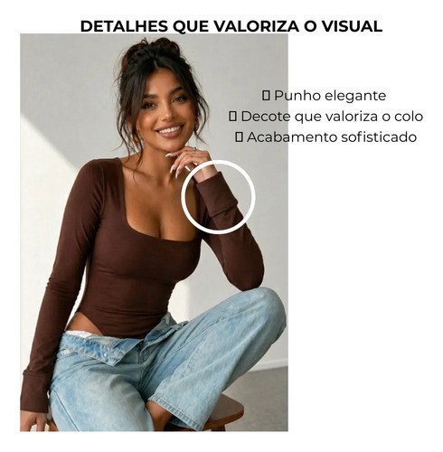 Body Feminino Basico Manga Longa Gola Quadrada Segunda Pele
