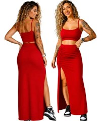 Conjunto Feminino Cropped Saia Longa Fenda Lateral Elegante