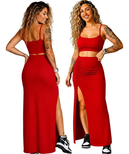 Conjunto Feminino Cropped Saia Longa Fenda Lateral Elegante