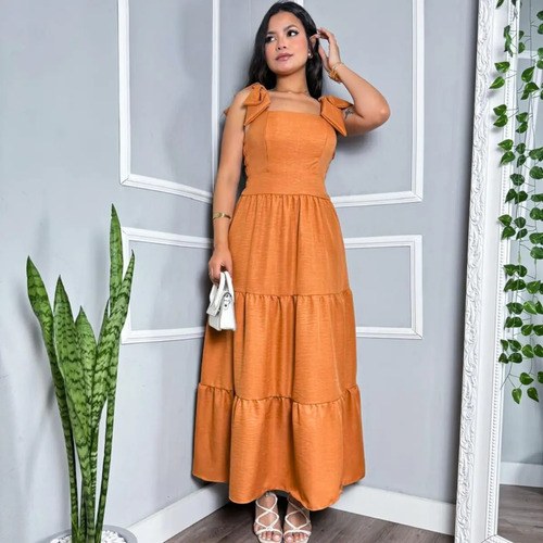 Vestido Longo 3maria Linho Lacinho No Ombro Linha Premium