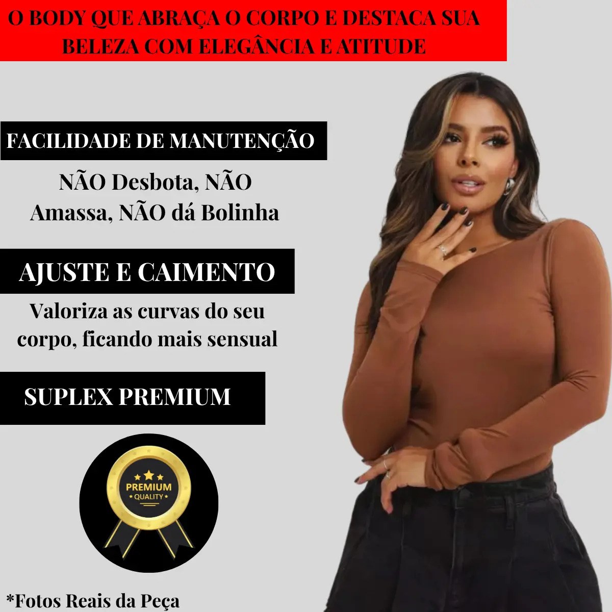 Body Feminino Elegante Manga Longa Costa Aberta Suplex Luxo
