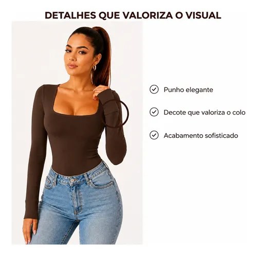 Body Feminino Manga Longa Decote Elegante Inverno Luxo