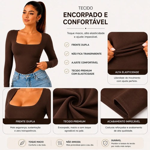 Body Feminino Manga Longa Decote Elegante Inverno Luxo