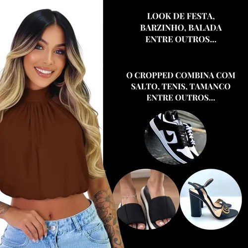 Cropped Balonê Feminino Soltinho Confortável Estiloso Marrom