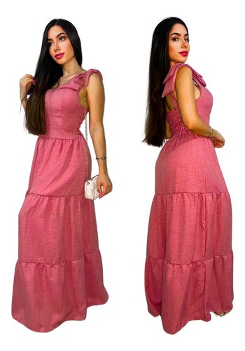 Vestido Longo 3maria Linho Lacinho No Ombro Linha Premium