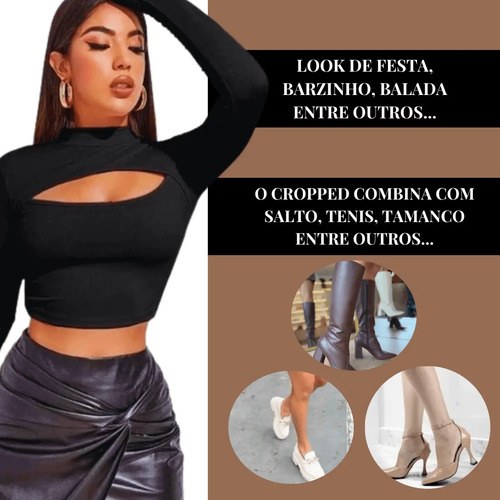 Cropped Gringa Gola Alta Manga Longa Blusinha Dedeira Luxo