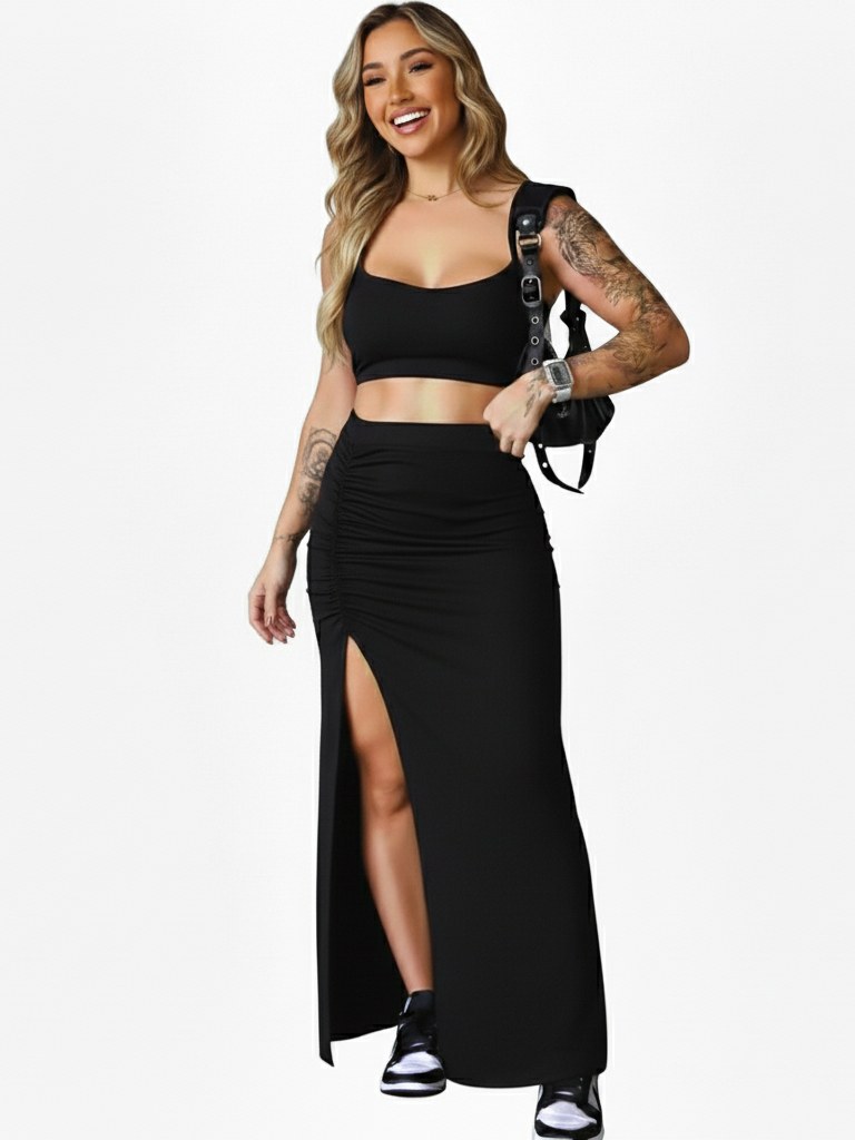 Conjunto Feminino Saia Longa com Fenda + Cropped Suplex Premium