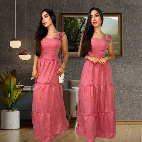 Vestido Longo 3maria Linho Lacinho No Ombro Linha Premium