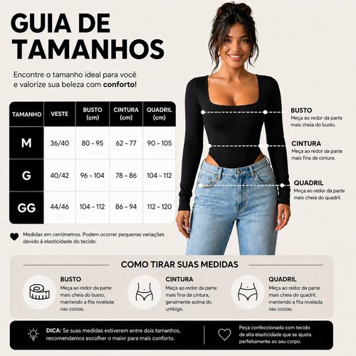 Body Feminino Manga Longa C/forro Decote Quadrado Luxo