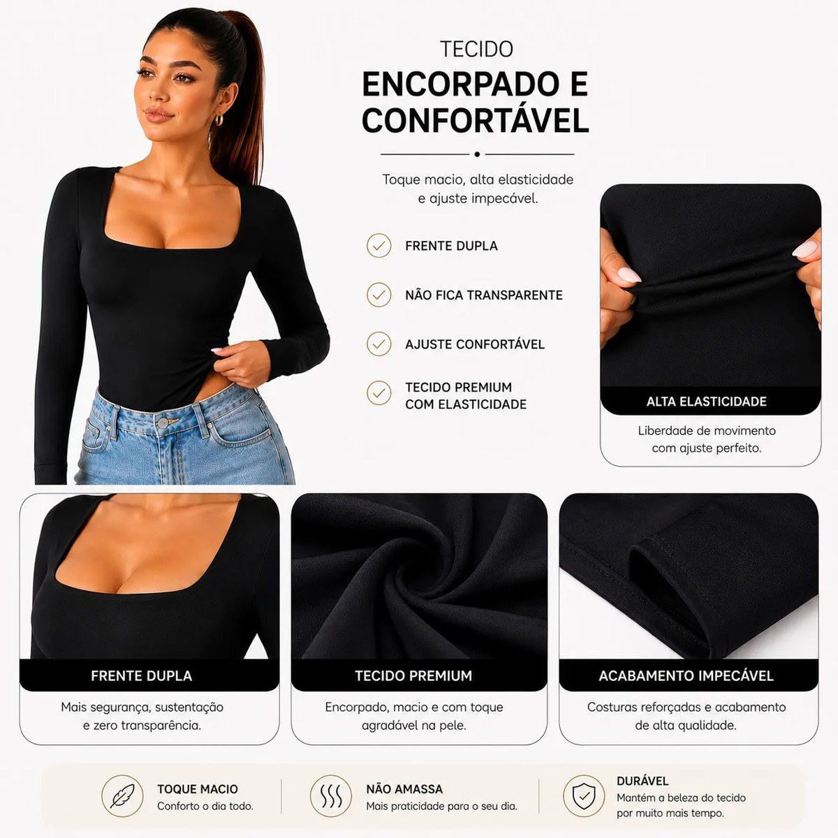 Body Feminino Manga Longa Gola Quadrada Suplex Premium