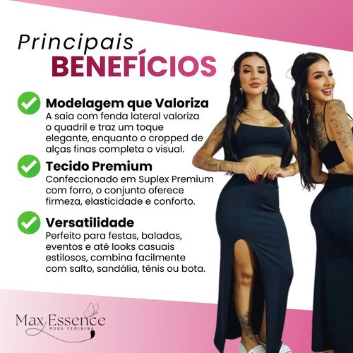 Conjunto Feminino Saia Longa Fenda Cropped Alça Suplex Luxo