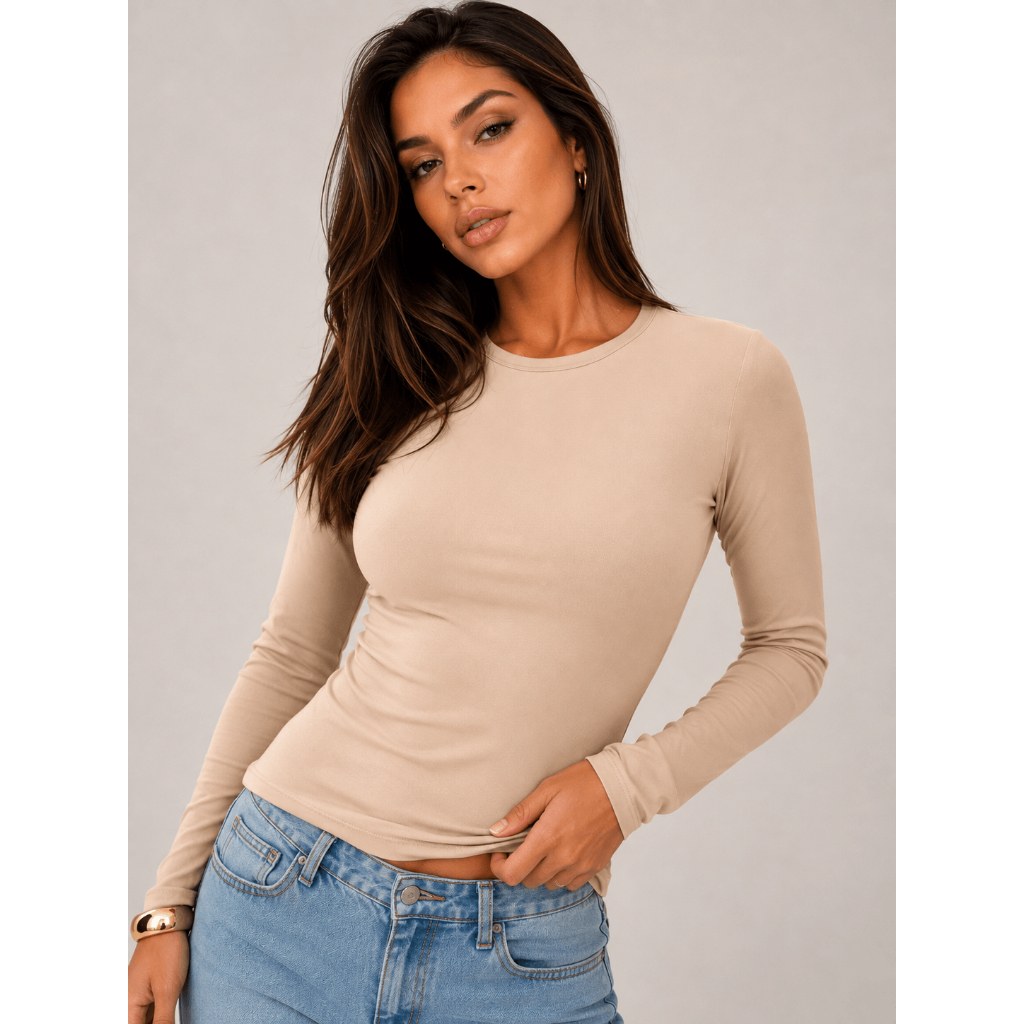 Blusa Feminina Basico Manga Longa Segunda Pele Gola Redonda