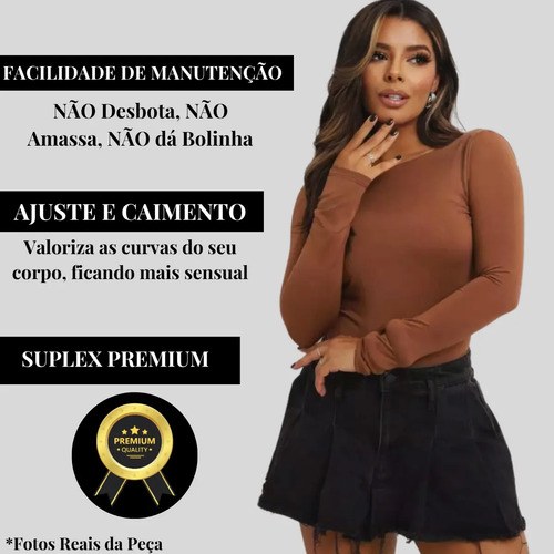 Body Feminino Modelador Manga Longa Costa Nua Moda Premium