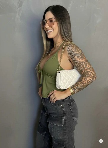 Cropped Cortininha C/ Bojo Costas Semi Aberta Sexy Blogueira
