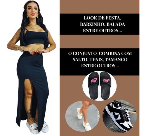 Kit Saia Longa Fenda Cropped Elegante Gringa Suplex Premium