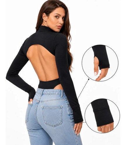 Body Feminino Manga Longa Gola Alta Costa Aberta Premium