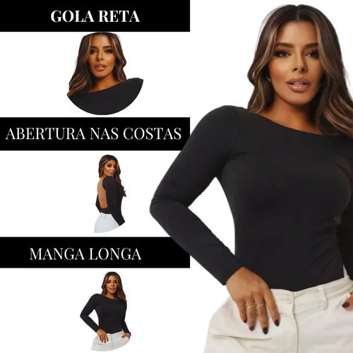 Body Feminino Modelador Manga Longa Costa Nua Moda Premium