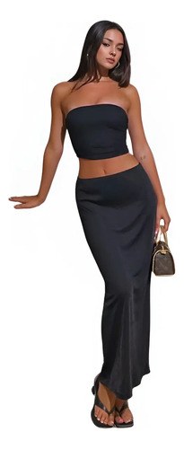 Conjunto Feminino Saia Longa Cropped Elegante Suplex Premium