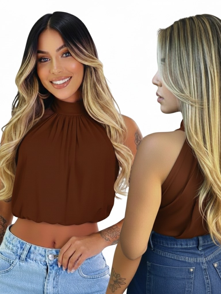 Cropped Feminino Gola Alta Suplex Premium Elegante Sem Manga