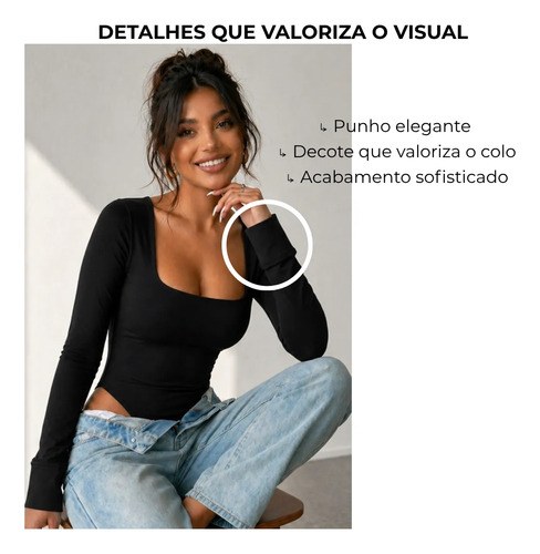 Body Feminino Manga Longa C/forro Decote Quadrado Luxo