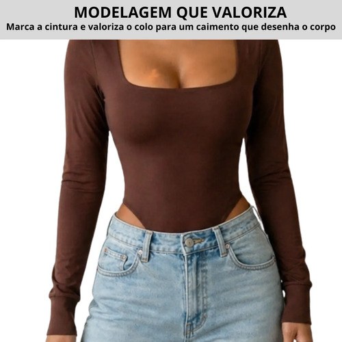 Body Feminino Basico Manga Longa Gola Quadrada Segunda Pele