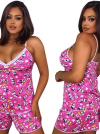 Pijama Baby Doll Short Feminino Lupo Personagem Stich Mickey