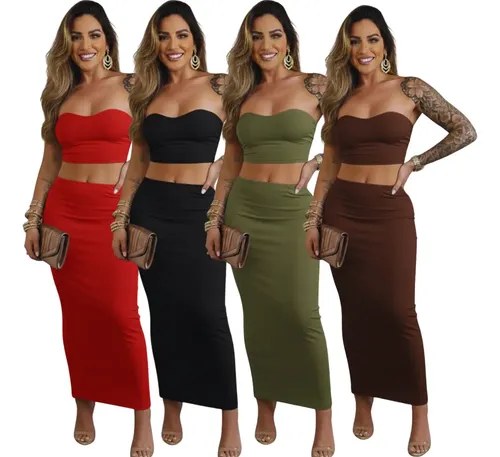 Conjunto Feminino Saia Longa Cropped Elegante Suplex Premium