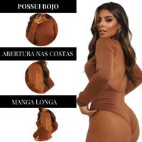 Body Feminino Elegante Manga Longa Costa Aberta Suplex Luxo