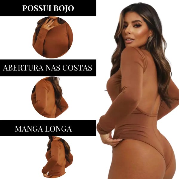 Body Feminino Elegante Manga Longa Costa Aberta Suplex Luxo