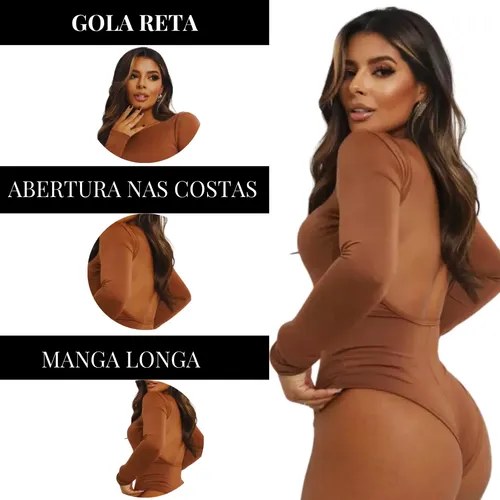 Body Feminino Modelador Manga Longa Costa Nua Moda Premium