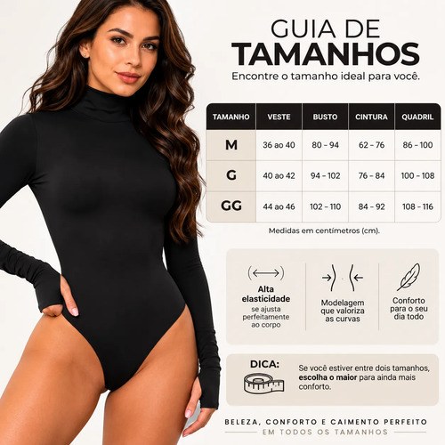Body Feminino Manga Longa Gola Alta Costa Aberta Premium