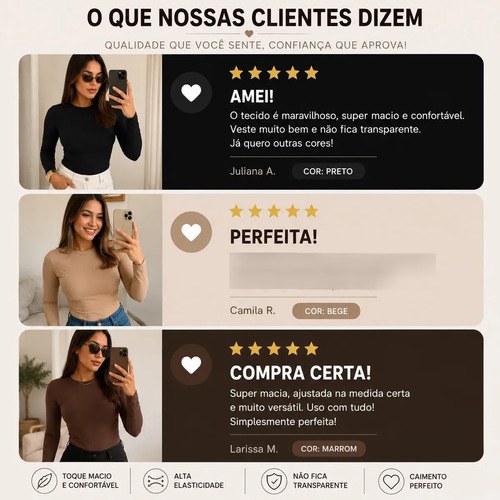Blusa Feminina Manga Longa Segunda Pele Elegante Gola Careca