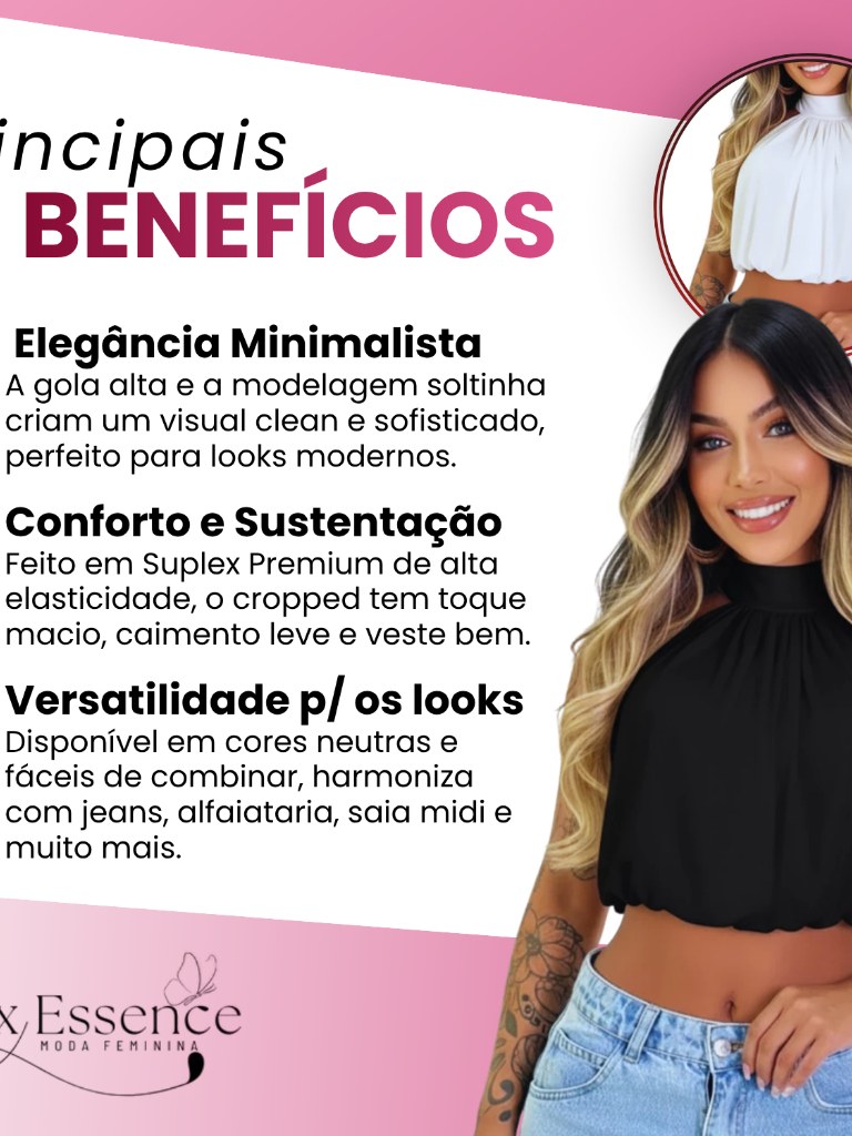 Cropped Feminino Gola Alta Suplex Premium Elegante Sem Manga