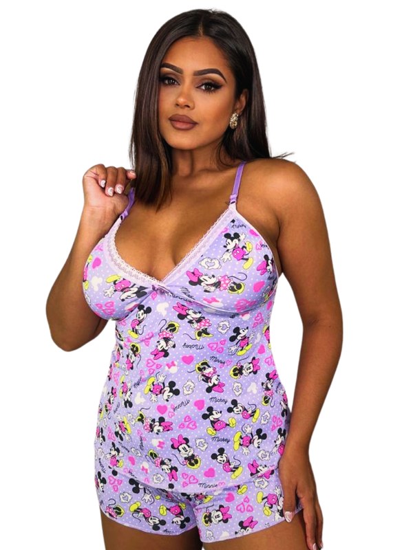 Pijama Baby Doll Short Feminino Lupo Personagem Stich Mickey