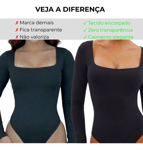 Body Feminino Manga Longa C/forro Decote Quadrado Luxo