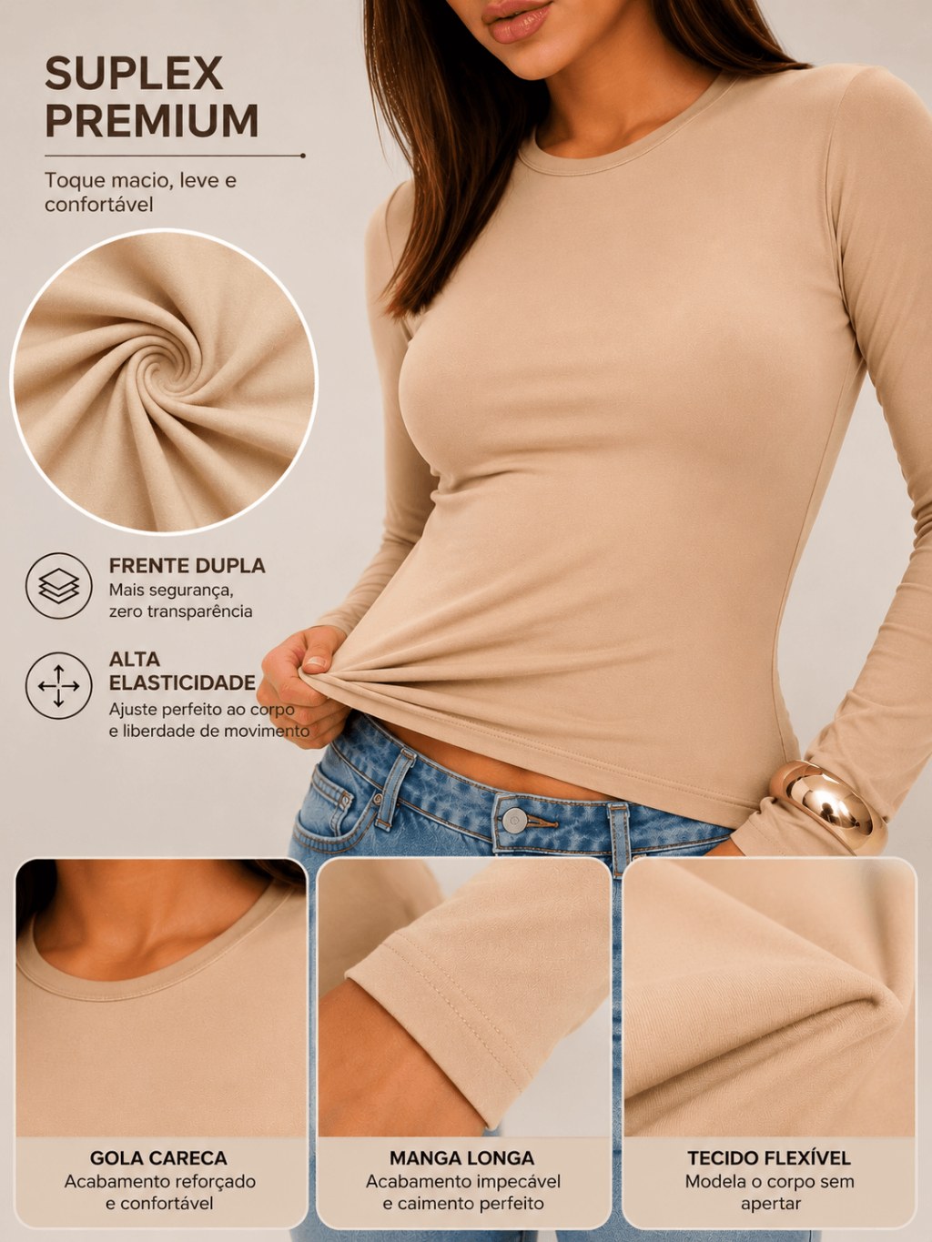 Blusa Feminina Basico Manga Longa Segunda Pele Gola Redonda