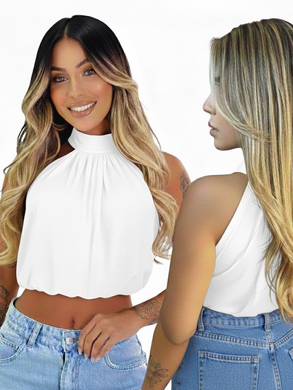 Cropped Feminino Gola Alta Suplex Premium Elegante Sem Manga