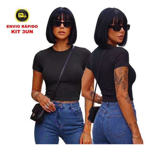 Kit 3 Cropped Blusa Básica Manga Curta Oversized Tshirt Lisa