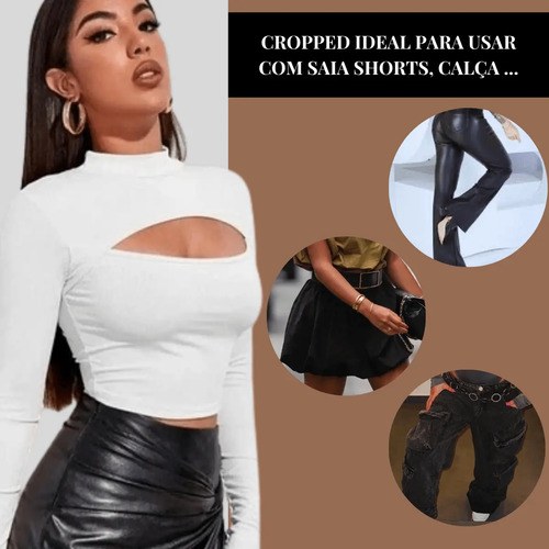 Cropped Gringa Gola Alta Manga Longa Blusinha Dedeira Luxo