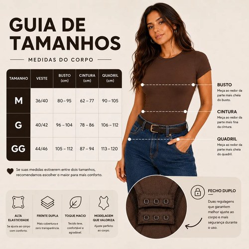 Body Feminino Manga Curta Modelador Forrado Suplex Premium