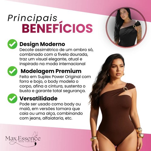 Body/maiô Ombro Único Modelador Afina Cintura Premium 1 Alça