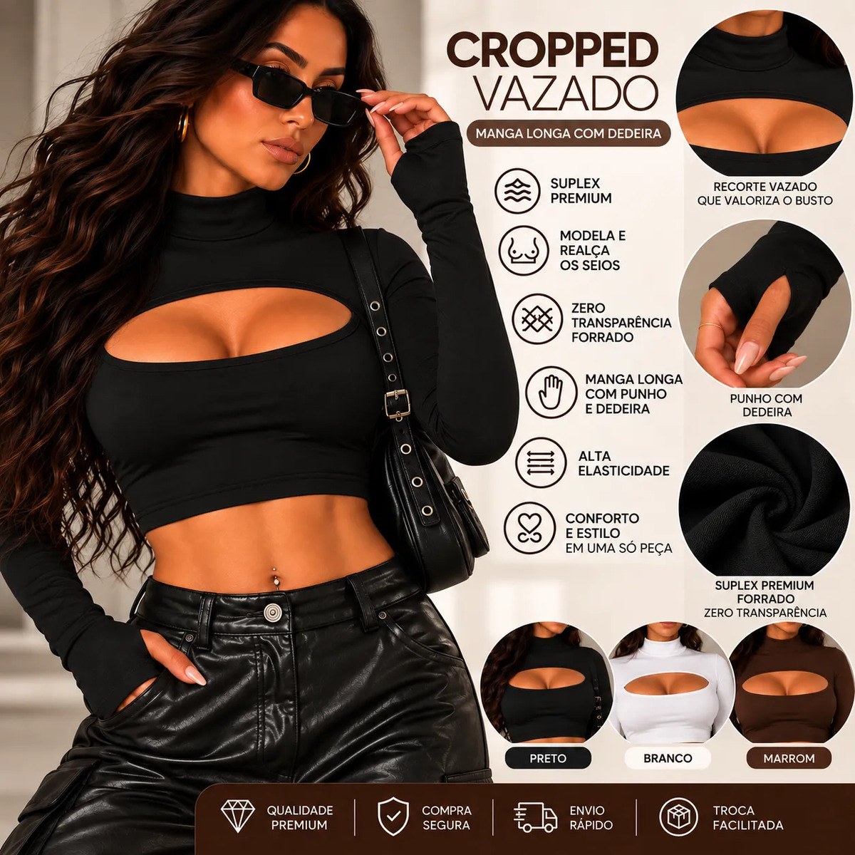 Cropped Feminino Manga Longa Forrado C/ Dedeira Elegante
